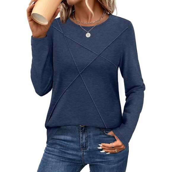 Long Sleeve Shirt Women Business Casual Pleated Crewneck Fall Top Medium - Picture 2 of 4